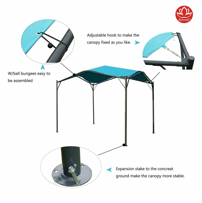 This image highlights the features of a KOZYARD Sun Shade Gazebo. It shows a blue - canopied gazebo with details like adjustable hooks for custom canopy fixing, ball bungees for easy assembly, and expansion stakes for securing it to concrete ground, ensuring stability.KOZYARD Sun Shade Gazebo: Assembly & Stability Features.KOZYARD sun shade gazebo, adjustable hooks, ball bungees, expansion stakes, assembly, stability.