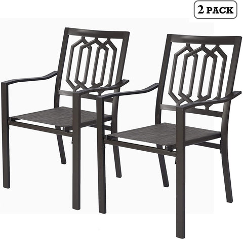 Title: Black Geometric Backrest Patio Chairs 2-Pack
Alt Text: Two black patio chairs with geometric backrests and text "2 PACK" in the corner, isolated on a white background.
Keywords: black patio chairs, geometric backrest, 2-pack outdoor seating, modern design, garden furniture, durable frame, stylish chairs