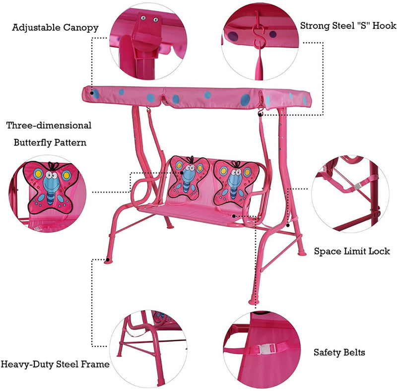 This image showcases a vibrant pink outdoor children's swing chair. It features an adjustable canopy, a strong steel "S" hook, three - dimensional butterfly patterns on the seat, a space limit lock, safety belts, and a heavy - duty steel frame. Each feature is highlighted with a circular inset for a closer look. Pink Outdoor Kids' Swing Chair with Safety Features and Fun Design. outdoor children's swing chair, pink swing chair, adjustable canopy, safety belts, heavy - duty steel frame, butterfly patterns.