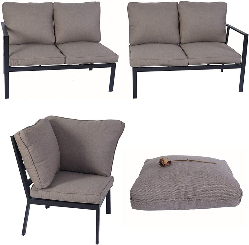 A set of outdoor sofas and cushions in a beige color. The images display a two - seater sofa from different angles, a single - seater chair with a large cushion, and a seat cushion with a decorative dried flower on top. The furniture has a sleek black metal frame. Beige - Cushioned Outdoor Sofa Set with Black Frame. outdoor sofa set, beige cushions, black - framed furniture, outdoor seating, patio sofa