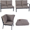 A set of outdoor sofas and cushions in a beige color. The images display a two - seater sofa from different angles, a single - seater chair with a large cushion, and a seat cushion with a decorative dried flower on top. The furniture has a sleek black metal frame. Beige - Cushioned Outdoor Sofa Set with Black Frame. outdoor sofa set, beige cushions, black - framed furniture, outdoor seating, patio sofa