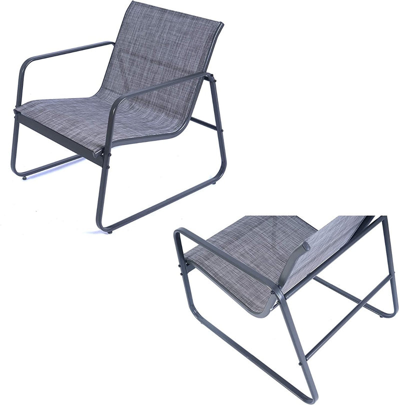 Outdoor Patio Chairs in Gray
Two outdoor patio chairs with gray fabric and black metal frames, shown from different angles. Keywords: outdoor chairs, patio furniture, gray fabric chairs