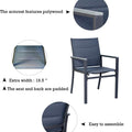 Title: Grey Outdoor Dining Chair with Polywood Armrests
Alt Text: Grey outdoor dining chair with polywood armrests, padded seat and back, featuring text "The armrest features polywood," "Extra width: 19.5"," "The seat and back are padded," and "Easy to assemble."
Keywords: grey outdoor dining chair, polywood armrests, padded seat, extra width, easy assembly, modern design, patio furniture
