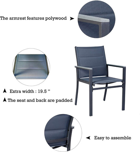 Title: Grey Outdoor Dining Chair with Polywood Armrests
Alt Text: Grey outdoor dining chair with polywood armrests, padded seat and back, featuring text "The armrest features polywood," "Extra width: 19.5"," "The seat and back are padded," and "Easy to assemble."
Keywords: grey outdoor dining chair, polywood armrests, padded seat, extra width, easy assembly, modern design, patio furniture