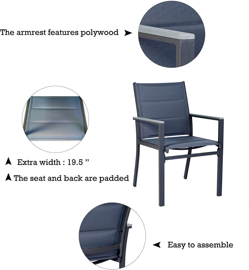 Title: Grey Outdoor Dining Chair with Polywood Armrests
Alt Text: Grey outdoor dining chair with polywood armrests, padded seat and back, featuring text "The armrest features polywood," "Extra width: 19.5"," "The seat and back are padded," and "Easy to assemble."
Keywords: grey outdoor dining chair, polywood armrests, padded seat, extra width, easy assembly, modern design, patio furniture