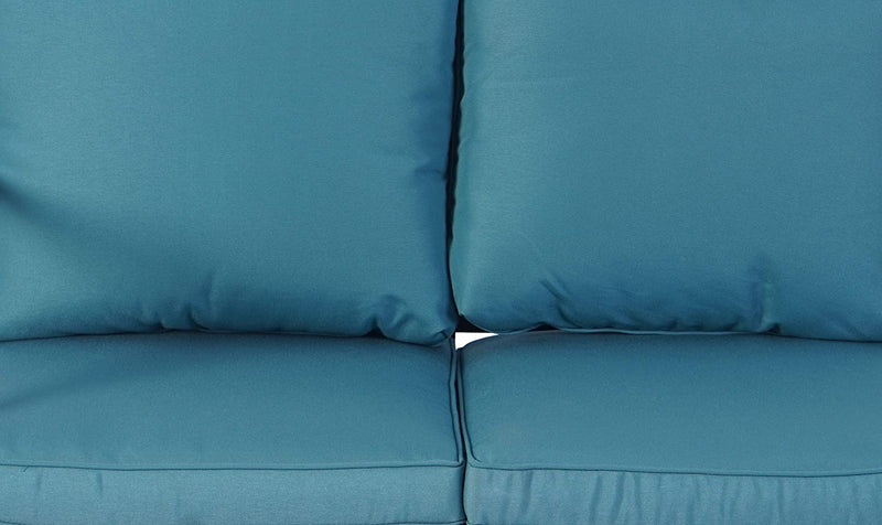 A close - up view of blue - colored cushions on an outdoor sofa, showcasing the fabric texture and the way the cushions are neatly arranged. The cushions appear plush and well - made, suggesting comfort and quality. Plush Blue Cushions for Outdoor Sofas. outdoor sofa cushions, blue cushions, plush outdoor seating, cushion fabric, outdoor furniture comfort.