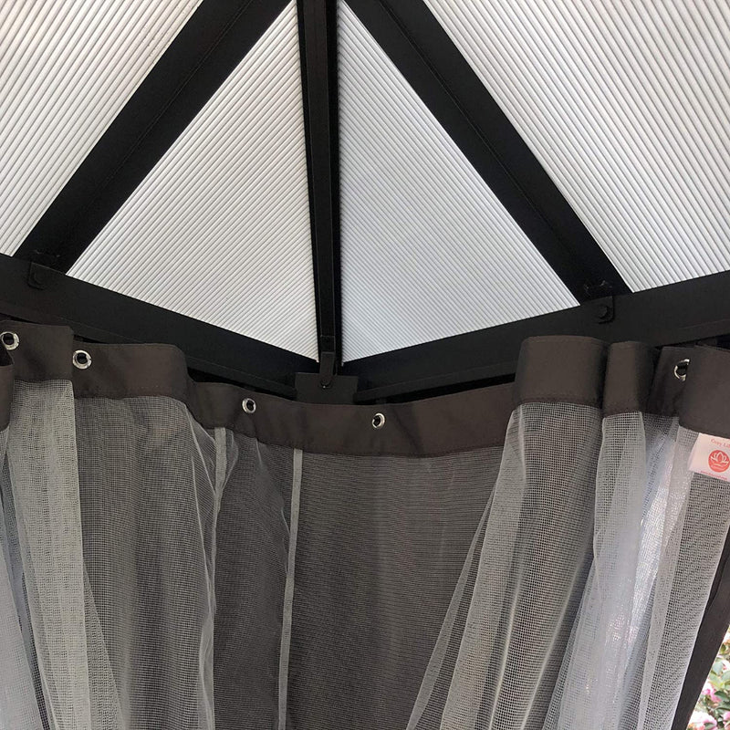 Close - up view of the interior of a gazebo, showcasing the underside of the roof with its white, ribbed pattern and black metal framework. Below, the upper part of the mesh curtains is visible, featuring dark fabric bands with metal grommets for attachment.Gazebo Interior: Structural Details and Mesh Curtains. Inside the Gazebo: Roof and Curtain Attachment Details. gazebo, gazebo interior, mesh curtains, metal grommets, roof structure