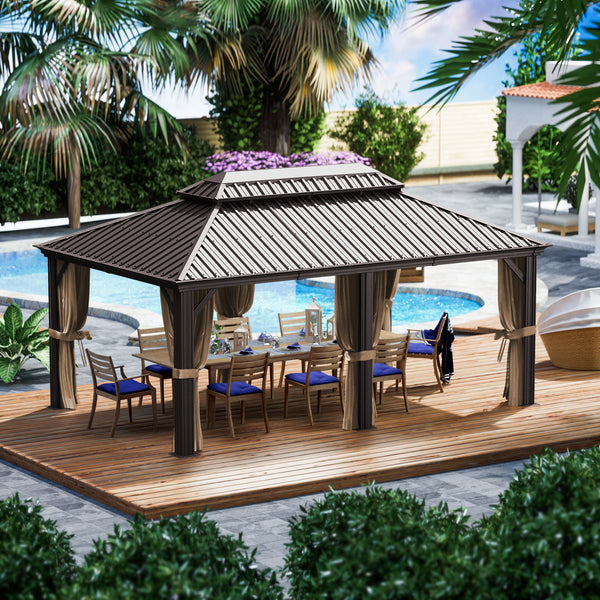 Kozyard Alexander Hardtop Aluminum Permanent Gazebo with a Mosquito Net and Privacy Sidewalls (Alexander 12'x18' (Brown))