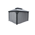 An outdoor double - top gazebo featuring a dark - colored metal roof and attached gray fabric curtains. The curtains surround the gazebo, providing a shaded and private outdoor space. Double - Top Gazebo: Gray Curtains for Privacy. Double - Hard Top Gazebo: Brown Curtains Enhance Outdoor Shelter.double - top gazebo, outdoor gazebo, gray curtains, privacy curtains, gazebo curtains