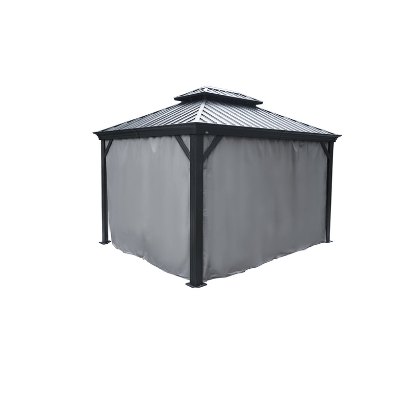 An outdoor double - top gazebo featuring a dark - colored metal roof and attached gray fabric curtains. The curtains surround the gazebo, providing a shaded and private outdoor space. Double - Top Gazebo: Gray Curtains for Privacy. Double - Hard Top Gazebo: Brown Curtains Enhance Outdoor Shelter.double - top gazebo, outdoor gazebo, gray curtains, privacy curtains, gazebo curtains