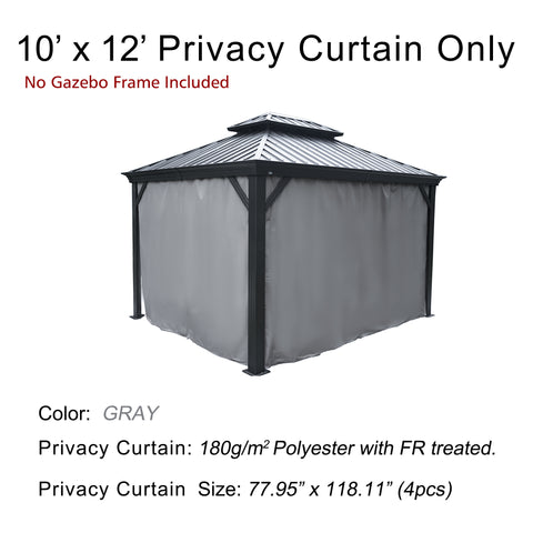 A double - top gazebo is shown with gray privacy curtains. The text specifies that this is a 10' x 12' privacy curtain set only, with no gazebo frame included. The curtains are made of 180g/m² polyester with fire - retardant treatment, and the set includes 4 pieces with dimensions 77.95" x 118.11".Double - Top Gazebo Privacy Curtains: Gray, Fire - Retardant. 10' x 12' Privacy Curtains for Double - Top Gazebo (Frame Not Included). double - top gazebo curtains, privacy curtains fire - retardant polyester.