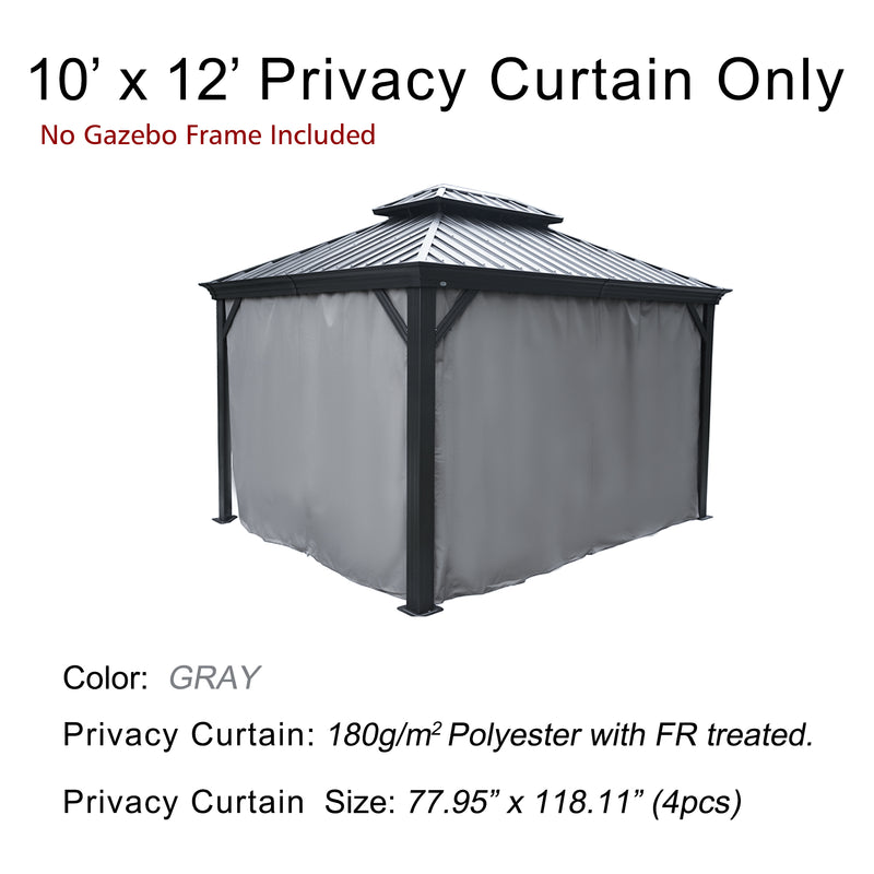 A double - top gazebo is shown with gray privacy curtains. The text specifies that this is a 10' x 12' privacy curtain set only, with no gazebo frame included. The curtains are made of 180g/m² polyester with fire - retardant treatment, and the set includes 4 pieces with dimensions 77.95" x 118.11".Double - Top Gazebo Privacy Curtains: Gray, Fire - Retardant. 10' x 12' Privacy Curtains for Double - Top Gazebo (Frame Not Included). double - top gazebo curtains, privacy curtains fire - retardant polyester.