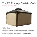 A set of beige privacy curtains designed for a 12'x12' outdoor gazebo. The text at the top states that only the privacy curtains are included, not the gazebo frame. The curtains are made of 180g/m² polyester with fire - retardant (FR) treatment. Each curtain measures 79.52 inches by 131.49 inches, and there are four curtains in total. Beige Fire - Retardant Privacy Curtains for 12'x12' Outdoor Gazebo (Frame Not Included). outdoor gazebo, 12x12 gazebo, beige privacy curtains, fire - retardant polyester