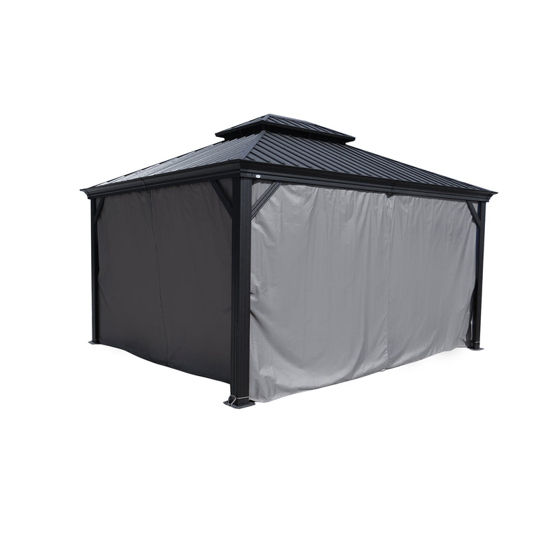 An outdoor hardtop gazebo with a dark - colored metal roof, completely enclosed by gray - colored curtains. The curtains provide a private and sheltered space within the gazebo. Tan - Curtained Outdoor Hardtop Gazebo for Privacy. outdoor gazebo, hardtop gazebo, gray curtains, privacy curtains, sheltered space.