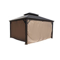 An outdoor hardtop gazebo with a dark - colored metal roof, completely enclosed by tan - colored curtains. The curtains provide a private and sheltered space within the gazebo. Tan - Curtained Outdoor Hardtop Gazebo for Privacy. outdoor gazebo, hardtop gazebo, tan curtains, privacy curtains, sheltered space.