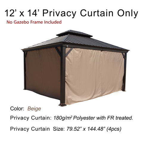 A 12' x 14' privacy curtain set for an outdoor gazebo, noted that the gazebo frame is not included. The curtains are beige in color, made of 180g/m² polyester with fire - retardant (FR) treatment. Each of the four curtain pieces measures 79.52" x 144.48". 12' x 14' Beige Fire - Retardant Privacy Curtains for Outdoor Gazebo. outdoor gazebo, 12x14 privacy curtain, beige curtain, 180g/m² polyester, fire - retardant treatment.