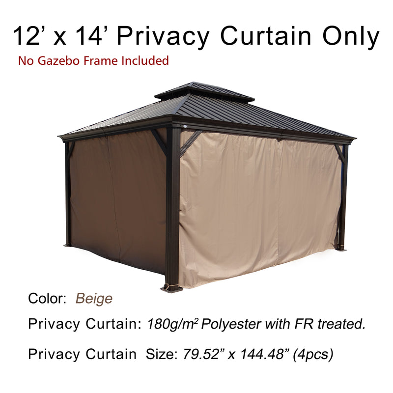 A 12' x 14' privacy curtain set for an outdoor gazebo, noted that the gazebo frame is not included. The curtains are beige in color, made of 180g/m² polyester with fire - retardant (FR) treatment. Each of the four curtain pieces measures 79.52" x 144.48". 12' x 14' Beige Fire - Retardant Privacy Curtains for Outdoor Gazebo. outdoor gazebo, 12x14 privacy curtain, beige curtain, 180g/m² polyester, fire - retardant treatment.