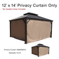 A 12' x 14' privacy curtain set designed for an Alexander - model outdoor gazebo. The text specifies that the gazebo frame is not included. The curtains are a neutral beige color, enclosing the gazebo which has a dark - colored metal roof. It's noted that the privacy curtain is matched to the Alexander 12'x14' gazebo. 12' x 14' Beige Privacy Curtains for Alexander Outdoor Gazebo (Frame Not Included). outdoor gazebo, 12x14 privacy curtain, Alexander gazebo, beige curtain, gazebo accessory.