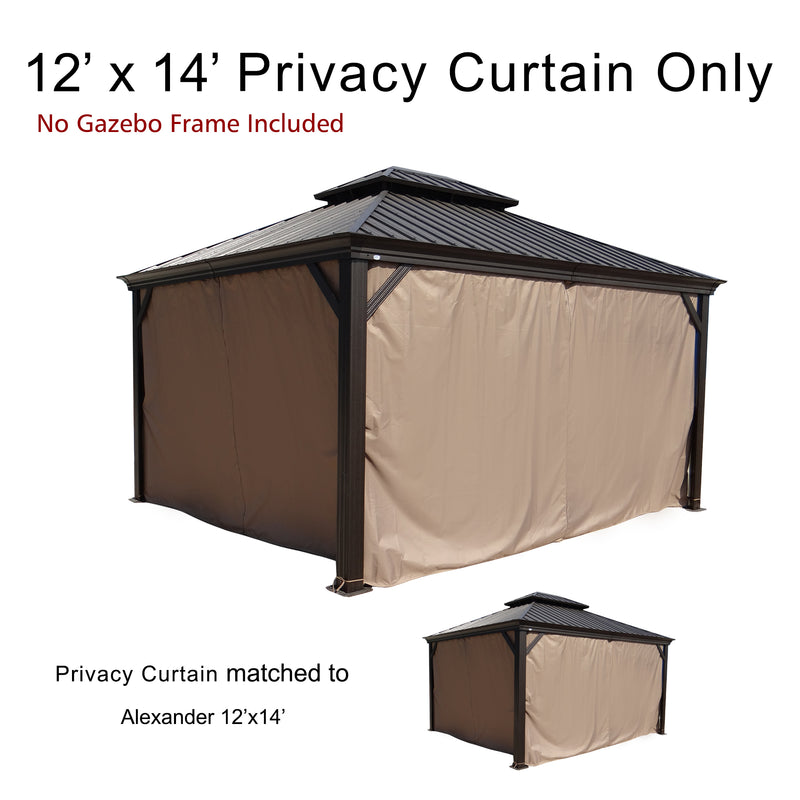 A 12' x 14' privacy curtain set designed for an Alexander - model outdoor gazebo. The text specifies that the gazebo frame is not included. The curtains are a neutral beige color, enclosing the gazebo which has a dark - colored metal roof. It's noted that the privacy curtain is matched to the Alexander 12'x14' gazebo. 12' x 14' Beige Privacy Curtains for Alexander Outdoor Gazebo (Frame Not Included). outdoor gazebo, 12x14 privacy curtain, Alexander gazebo, beige curtain, gazebo accessory.