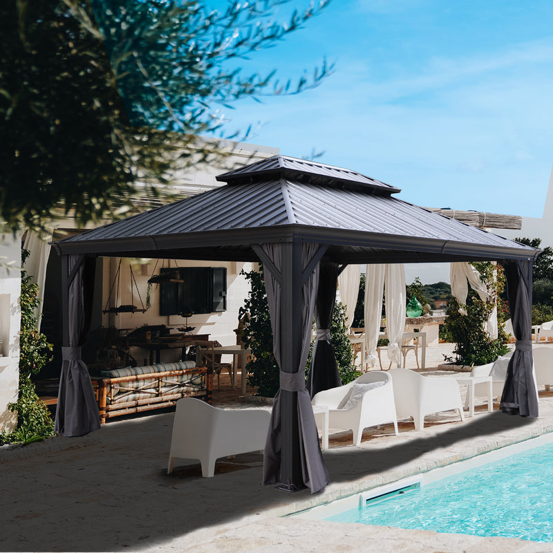 Kozyard Alexander Hardtop Aluminum Permanent Gazebo with a Mosquito Net and Privacy Sidewalls (Alexander 12'x16' (Gray))