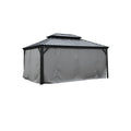 A gazebo with a dark - hued metal roof featuring a double - tiered design is fully enclosed by gray - colored fabric curtains. The sturdy black metal frame of the gazebo is visible at the corners, providing a robust structure. The curtains appear to offer complete privacy, enclosing the entire structure. Gazebo with Gray Privacy Curtains and Dark Metal Roof nclosed Gazebo: Gray Curtains for Privacy and a Sturdy Metal Roofgazebo, gray curtains, privacy curtains, dark metal roof, enclosed gazebo
