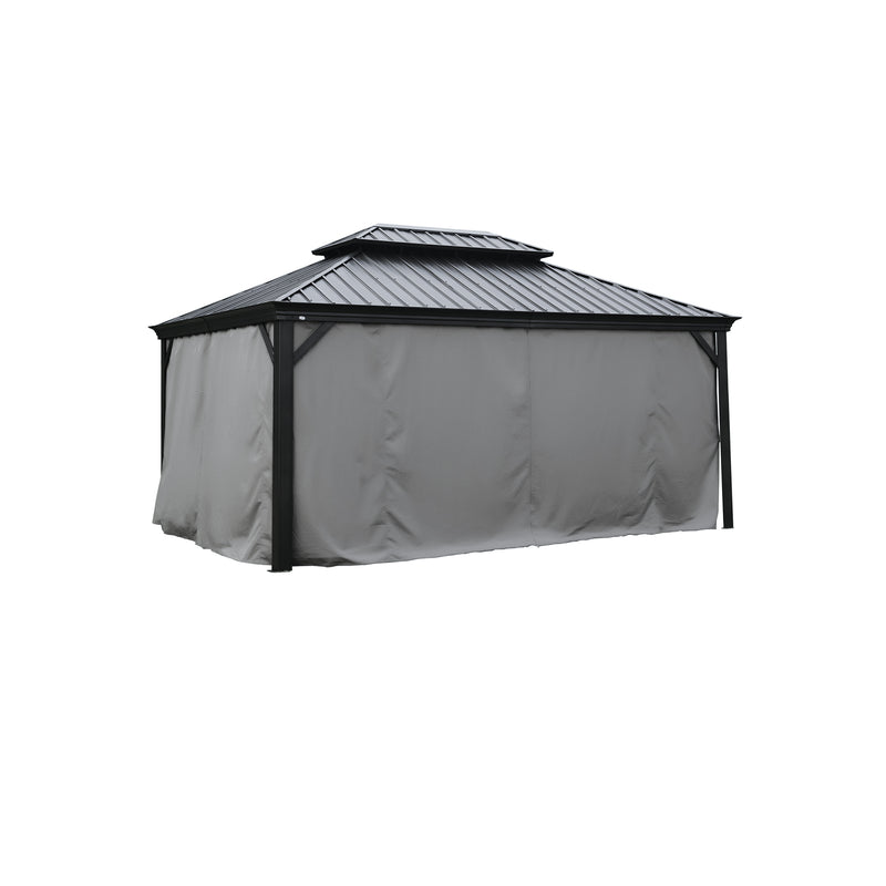 A gazebo with a dark - hued metal roof featuring a double - tiered design is fully enclosed by gray - colored fabric curtains. The sturdy black metal frame of the gazebo is visible at the corners, providing a robust structure. The curtains appear to offer complete privacy, enclosing the entire structure. Gazebo with Gray Privacy Curtains and Dark Metal Roof nclosed Gazebo: Gray Curtains for Privacy and a Sturdy Metal Roofgazebo, gray curtains, privacy curtains, dark metal roof, enclosed gazebo
