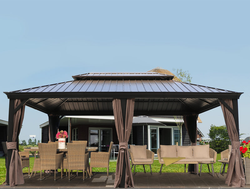 Kozyard Alexander Hardtop Aluminum Permanent Gazebo with a Mosquito Net and Privacy Sidewalls (Alexander 12'x18' (Brown))