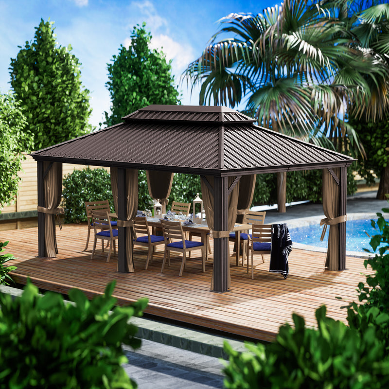 Kozyard Alexander Hardtop Aluminum Permanent Gazebo with a Mosquito Net and Privacy Sidewalls (Alexander 12'x18' (Brown))