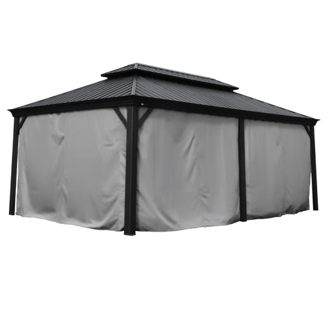 A gazebo with a dark - hued metal roof featuring a double - tiered design is fully enclosed by gray - colored fabric curtains. The sturdy black metal frame of the gazebo is visible at the corners, providing a robust structure. The curtains appear to offer complete privacy, enclosing the entire structure. Gazebo with Gray Privacy Curtains and Dark Metal Roof nclosed Gazebo: Gray Curtains for Privacy and a Sturdy Metal Roofgazebo, gray curtains, privacy curtains, dark metal roof, enclosed gazebo
