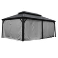 A gazebo with a dark - hued metal roof featuring a double - tiered design is fully enclosed by gray - colored fabric curtains. The sturdy black metal frame of the gazebo is visible at the corners, providing a robust structure. The curtains appear to offer complete privacy, enclosing the entire structure. Gazebo with Gray Privacy Curtains and Dark Metal Roof nclosed Gazebo: Gray Curtains for Privacy and a Sturdy Metal Roofgazebo, gray curtains, privacy curtains, dark metal roof, enclosed gazebo
