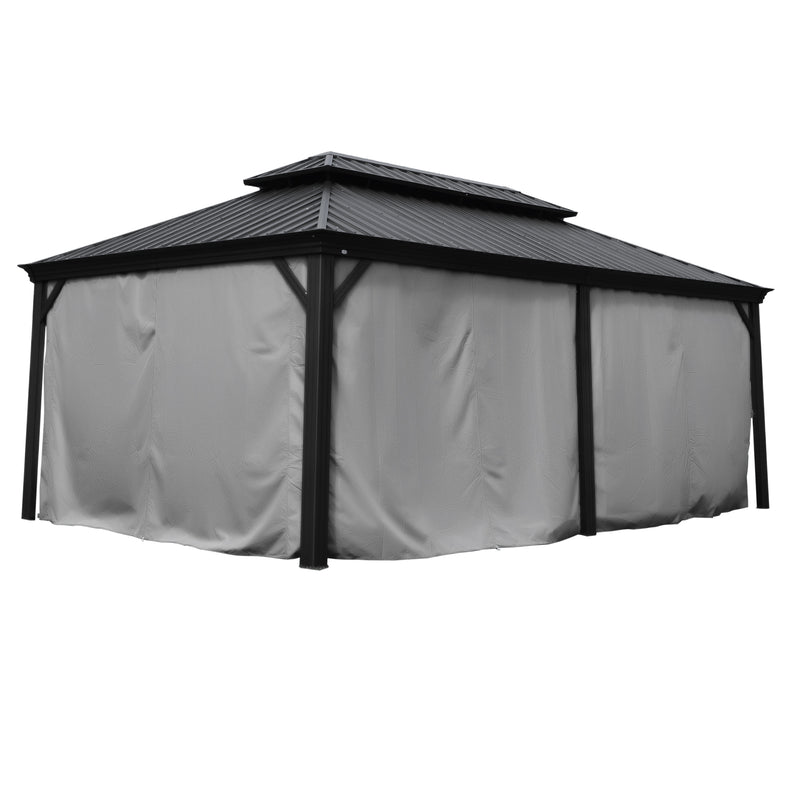 A gazebo with a dark - hued metal roof featuring a double - tiered design is fully enclosed by gray - colored fabric curtains. The sturdy black metal frame of the gazebo is visible at the corners, providing a robust structure. The curtains appear to offer complete privacy, enclosing the entire structure. Gazebo with Gray Privacy Curtains and Dark Metal Roof nclosed Gazebo: Gray Curtains for Privacy and a Sturdy Metal Roofgazebo, gray curtains, privacy curtains, dark metal roof, enclosed gazebo
