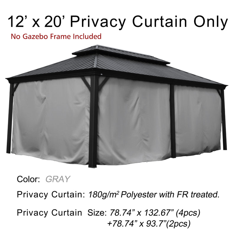 This image showcases a set of 12’ x 20’ privacy curtains for a gazebo. The top text states "12’ x 20’ Privacy Curtain Only" with a note in red underneath saying "No Gazebo Frame Included". The curtains are gray in color and made of 180g/m² polyester with fire-retardant (FR) treatment. There are two different sizes of curtains: 78.74" x 132.67" (4 pieces) and 78.74" x 93.7" (2 pieces). The curtains are displayed on a sample gazebo structure with a dark metal roof.12’ x 20’ Beige Privacy Curtains for Gazebo