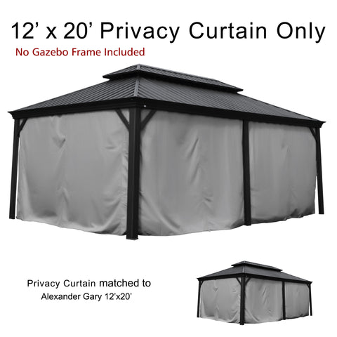 This image showcases 12’ x 20’ privacy curtains designed for a gazebo. The top text reads "12’ x 20’ Privacy Curtain Only" with a note in red beneath it stating "No Gazebo Frame Included". The main visual features a gazebo with the privacy curtains installed, in a gray color. Below, there is text indicating that the "Privacy Curtain matched to Alexander GRAY 12’x20’", suggesting these curtains are compatible with the specified gazebo model. 12’ x 20’ Gray Privacy Curtains for Alexander Gazebo:  No Frame