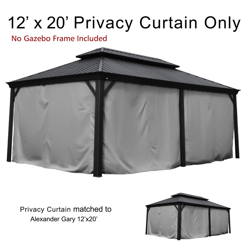 This image showcases 12’ x 20’ privacy curtains designed for a gazebo. The top text reads "12’ x 20’ Privacy Curtain Only" with a note in red beneath it stating "No Gazebo Frame Included". The main visual features a gazebo with the privacy curtains installed, in a gray color. Below, there is text indicating that the "Privacy Curtain matched to Alexander GRAY 12’x20’", suggesting these curtains are compatible with the specified gazebo model. 12’ x 20’ Gray Privacy Curtains for Alexander Gazebo:  No Frame