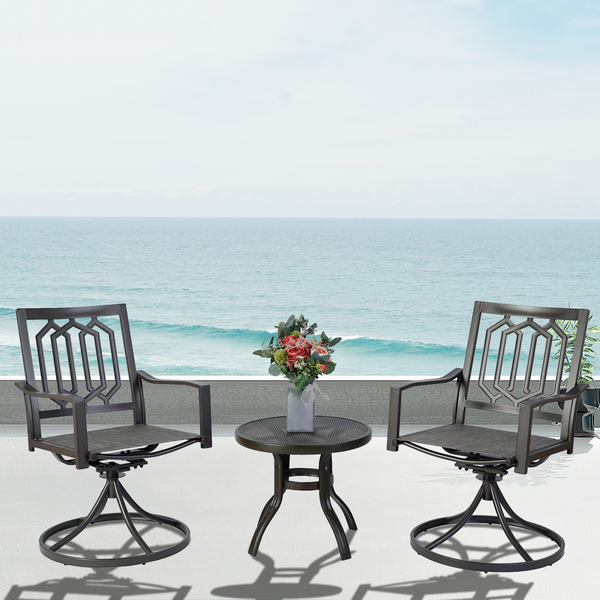 Coastal - Inspired Patio Seating Set
alt text：Outdoor patio set with two swivel chairs and a round table, adorned with a vase of flowers, set against a serene ocean backdrop. Keywords: patio furniture, ocean view, outdoor seating
