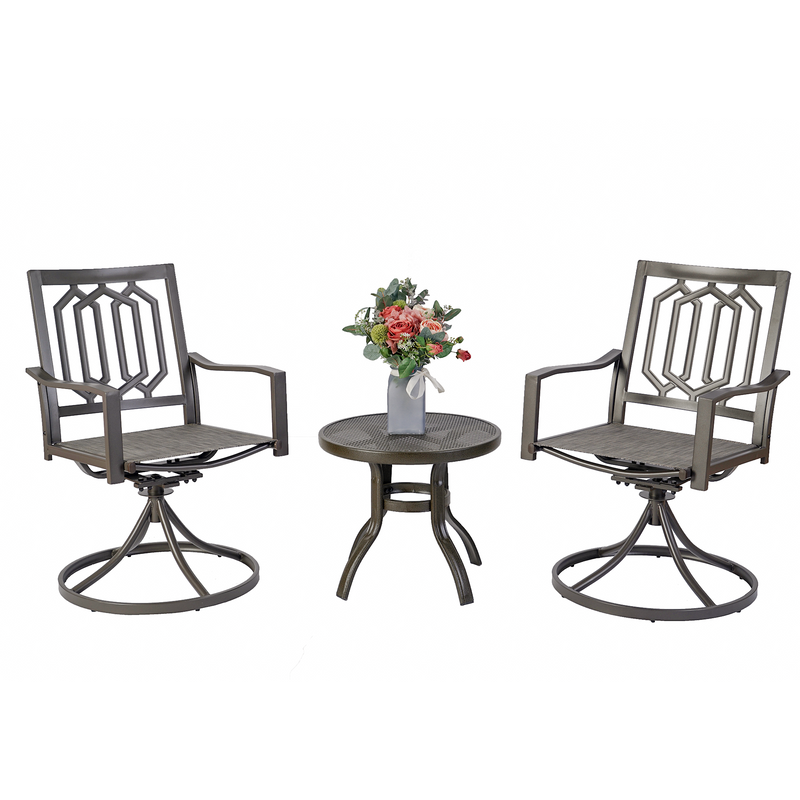Elegant Outdoor Seating Set
alt text：A charming outdoor seating set featuring two swivel chairs with decorative backrests and a round table adorned with a vase of flowers. Ideal for patio relaxation. Keywords: outdoor seating set, swivel chairs, patio decor
