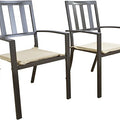 Two outdoor dining chairs with a dark brown metal frame and beige cushioned seats are displayed. The chairs feature a slatted - back design and curved armrests, combining style and comfort for outdoor dining setups. Outdoor Dining Chairs with Cushioned Seats and Slatted Back. outdoor dining chairs, dark brown metal frame, beige cushioned seats, slatted - back chairs, patio furniture.