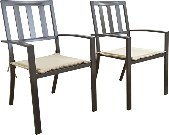 Two outdoor dining chairs with a dark brown metal frame and beige cushioned seats are displayed. The chairs feature a slatted - back design and curved armrests, combining style and comfort for outdoor dining setups. Outdoor Dining Chairs with Cushioned Seats and Slatted Back. outdoor dining chairs, dark brown metal frame, beige cushioned seats, slatted - back chairs, patio furniture.