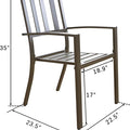 A single outdoor dining chair with a sleek, dark - toned metal frame is shown with its dimensions labeled. The chair has a slatted backrest and armrests. The height of the chair is 35 inches, the seat height is 17 inches, the seat depth is 18.9 inches, the front width is 23.5 inches, and the side width is 22.5 inches. Outdoor Dining Chair with Dimensions: Stylish and Functional. outdoor dining chair, metal frame chair, slatted backrest, chair dimensions, patio furniture