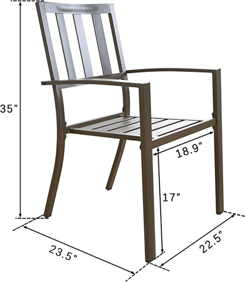 A single outdoor dining chair with a sleek, dark - toned metal frame is shown with its dimensions labeled. The chair has a slatted backrest and armrests. The height of the chair is 35 inches, the seat height is 17 inches, the seat depth is 18.9 inches, the front width is 23.5 inches, and the side width is 22.5 inches. Outdoor Dining Chair with Dimensions: Stylish and Functional. outdoor dining chair, metal frame chair, slatted backrest, chair dimensions, patio furniture