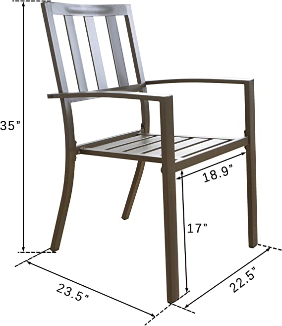 A single outdoor dining chair with a sleek, dark - toned metal frame is shown with its dimensions labeled. The chair has a slatted backrest and armrests. The height of the chair is 35 inches, the seat height is 17 inches, the seat depth is 18.9 inches, the front width is 23.5 inches, and the side width is 22.5 inches. Outdoor Dining Chair with Dimensions: Stylish and Functional. outdoor dining chair, metal frame chair, slatted backrest, chair dimensions, patio furniture
