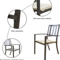 An outdoor dining chair with a dark - toned frame is featured, highlighting its key features. Close - up insets show a "Soft and thick cushion," "Easy assemble" with a view of the connection parts, and a "Durable frame with E - coating for rust and weather resistant." Outdoor Dining Chair: Comfort, Durability, and Easy Assembly.  outdoor dining chair, durable frame, E - coated frame, soft cushion, easy assembly