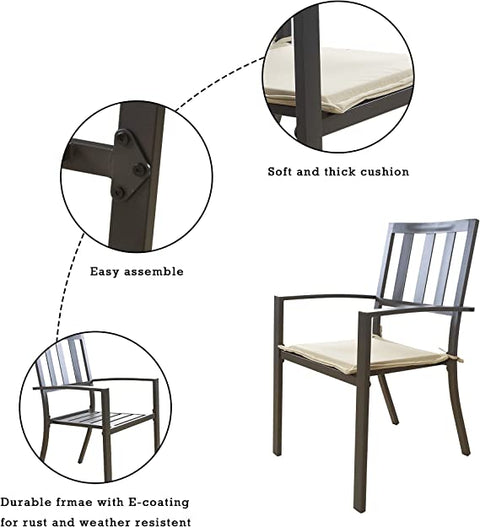 An outdoor dining chair with a dark - toned frame is featured, highlighting its key features. Close - up insets show a "Soft and thick cushion," "Easy assemble" with a view of the connection parts, and a "Durable frame with E - coating for rust and weather resistant." Outdoor Dining Chair: Comfort, Durability, and Easy Assembly.  outdoor dining chair, durable frame, E - coated frame, soft cushion, easy assembly