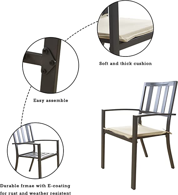 An outdoor dining chair with a dark - toned frame is featured, highlighting its key features. Close - up insets show a "Soft and thick cushion," "Easy assemble" with a view of the connection parts, and a "Durable frame with E - coating for rust and weather resistant." Outdoor Dining Chair: Comfort, Durability, and Easy Assembly.  outdoor dining chair, durable frame, E - coated frame, soft cushion, easy assembly