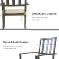 Images of an outdoor dining chair showcase two key features. The top image highlights a detachable beige cushion secured with ties, with the text "Detachable Cushion Add a soft touch to your leisure life." The bottom image focuses on the chair's curved back design, accompanied by the text "Curved Back Design make you more comfortable in your leisure life." Outdoor Dining Chairs: Detachable Cushion and Curved Back Comfort. outdoor dining chairs, detachable cushion, curved back design, comfort, leisure chairs