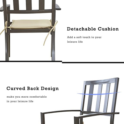 Images of an outdoor dining chair showcase two key features. The top image highlights a detachable beige cushion secured with ties, with the text "Detachable Cushion Add a soft touch to your leisure life." The bottom image focuses on the chair's curved back design, accompanied by the text "Curved Back Design make you more comfortable in your leisure life." Outdoor Dining Chairs: Detachable Cushion and Curved Back Comfort. outdoor dining chairs, detachable cushion, curved back design, comfort, leisure chairs