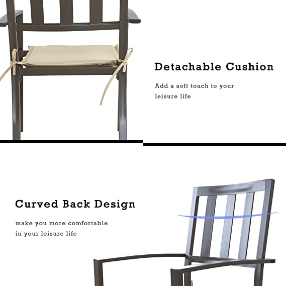 Images of an outdoor dining chair showcase two key features. The top image highlights a detachable beige cushion secured with ties, with the text "Detachable Cushion Add a soft touch to your leisure life." The bottom image focuses on the chair's curved back design, accompanied by the text "Curved Back Design make you more comfortable in your leisure life." Outdoor Dining Chairs: Detachable Cushion and Curved Back Comfort. outdoor dining chairs, detachable cushion, curved back design, comfort, leisure chairs