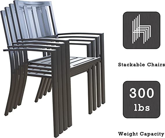 A set of dark - colored dining chairs is shown stacked together. The text on the right side indicates two key features: "Stackable Chairs" and a "300 lbs" weight capacity. The chairs have a slatted back design and a sturdy frame. Stackable Dining Chairs with 300 lbs Weight Capacity. stackable dining chairs, 300 lbs weight capacity, slatted back chairs, space - saving chairs, durable chairs.