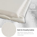 A close - up image of a beige cushion for dining chairs. Icons and text highlight its features: "Breathable," "Soft," and "Soft & Comfortable," with the description "High resilient sponge cushions are elastic, more comfortable in use and lasting longer." A magnified view of the cushion's fabric texture is also shown.Soft and Breathable Cushions for Dining Chairs. dining chair cushions, soft cushions, breathable cushions, high - resilient sponge cushions, comfortable seating