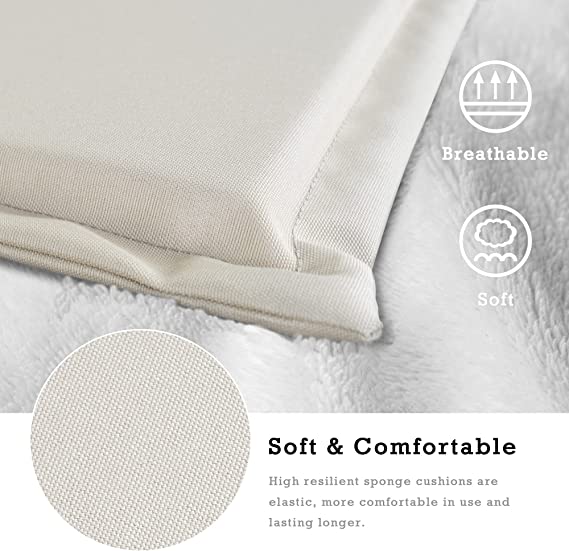 A close - up image of a beige cushion for dining chairs. Icons and text highlight its features: "Breathable," "Soft," and "Soft & Comfortable," with the description "High resilient sponge cushions are elastic, more comfortable in use and lasting longer." A magnified view of the cushion's fabric texture is also shown.Soft and Breathable Cushions for Dining Chairs. dining chair cushions, soft cushions, breathable cushions, high - resilient sponge cushions, comfortable seating
